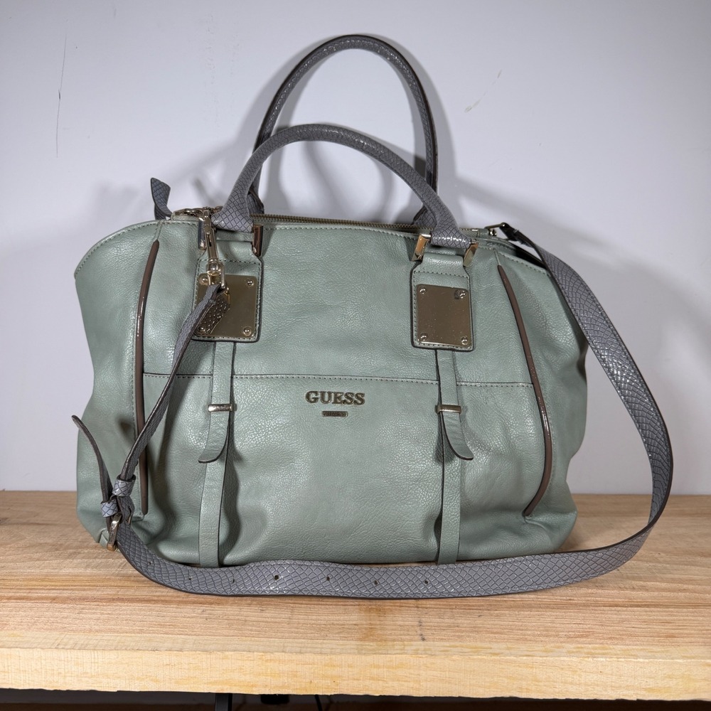 Guess Satchel Bag Womens Large Sage Green Grey Snakeskin Trim Crossbody Handbag